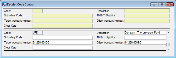 Receipt Code Control window in J1 Desktop