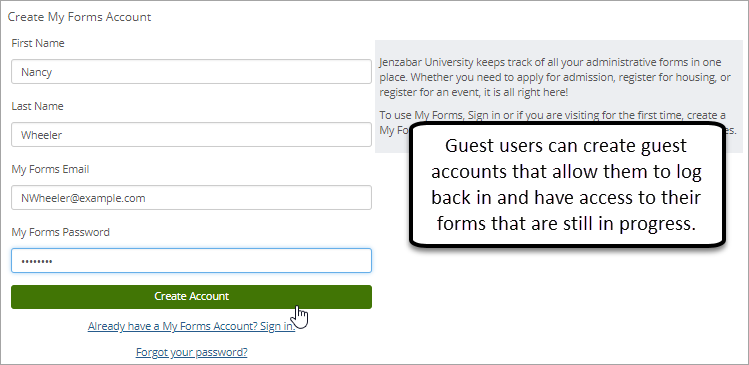 Sample Create My Forms Account page.