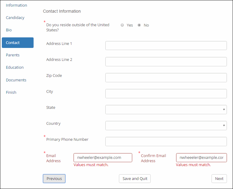 Sample comparison validation message on a user form.