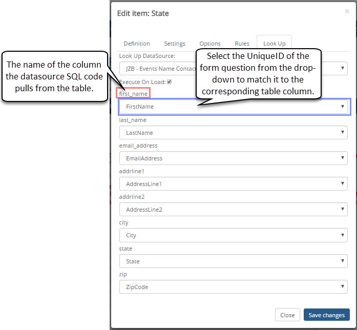 Sample Edit Item window to select the column and Unique ID to pull information from a data source.