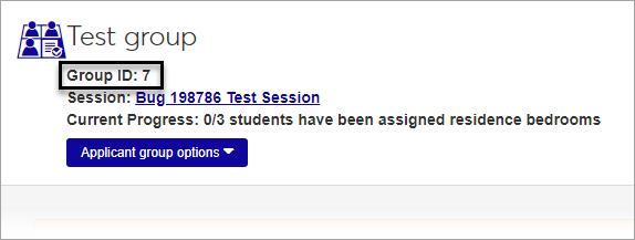 J1 Web Applicant Test Group page with Group ID highlighted.