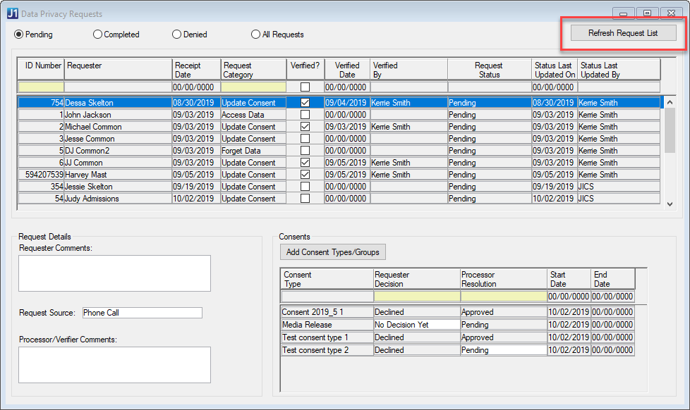 Data Privacy Requests window Refresh Request List button.