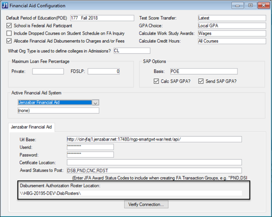 Financial Aid Configuration window with disbursement authorization roster location highlighted.