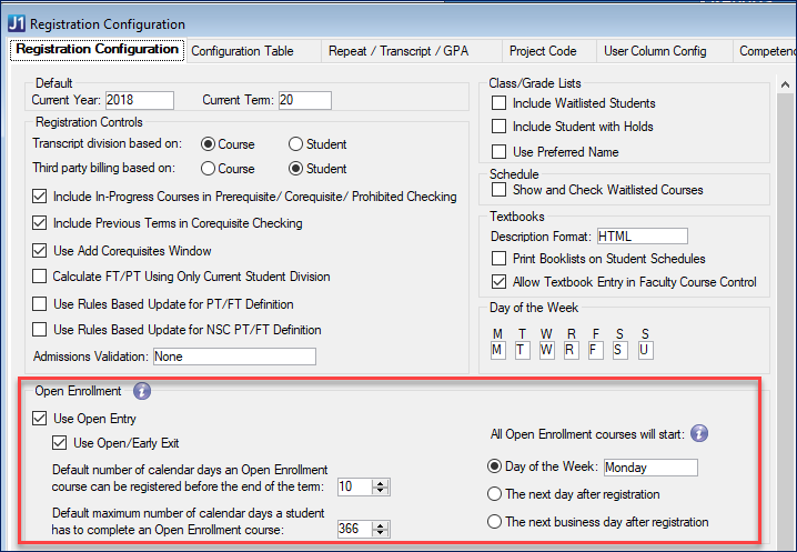 Registration Configuration window, Open Enrollment section.